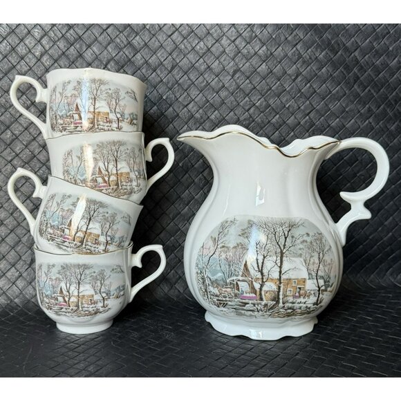 Vintage Avon China Pitcher And 4 Tea Cups  Water Mill Exclusive Reward - Picture 1 of 10